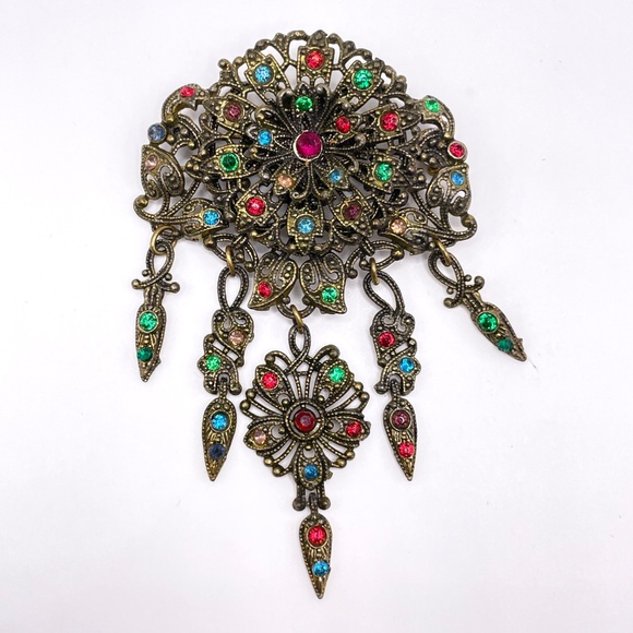 Vintage Czech? Filigree Multi Color Crystal Pin Brooch - Picture 1 of 14
